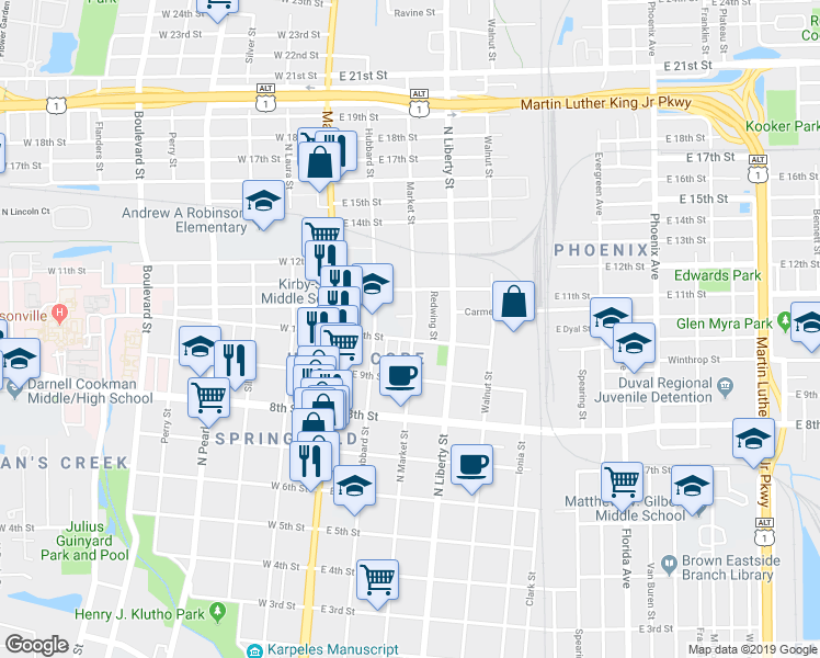 map of restaurants, bars, coffee shops, grocery stores, and more near 138 East 10th Street in Jacksonville