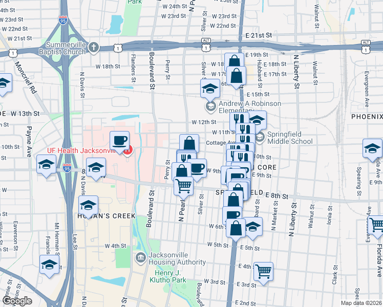 map of restaurants, bars, coffee shops, grocery stores, and more near 1922 North Pearl Street in Jacksonville
