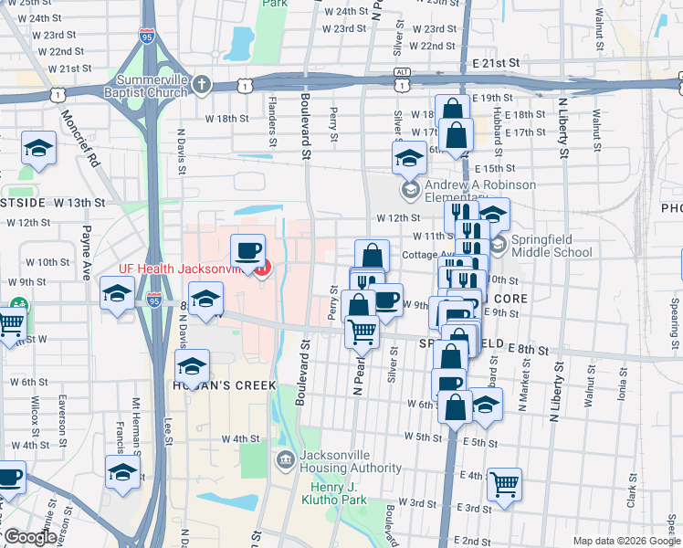 map of restaurants, bars, coffee shops, grocery stores, and more near 1919 Perry Street in Jacksonville