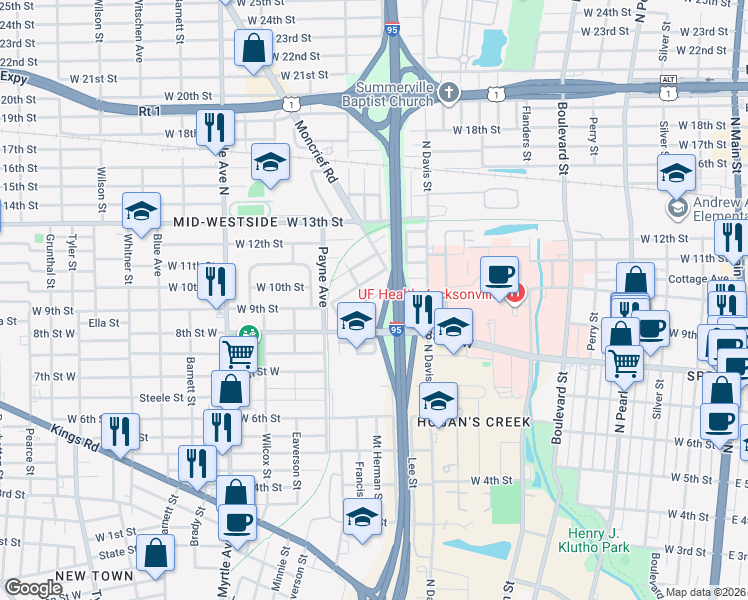 map of restaurants, bars, coffee shops, grocery stores, and more near 1741 Jones Street in Jacksonville