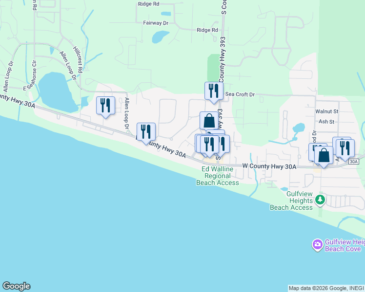map of restaurants, bars, coffee shops, grocery stores, and more near 4603 County Road 30A in Santa Rosa Beach