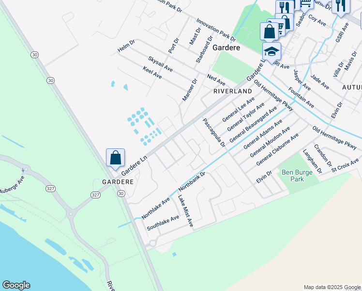 map of restaurants, bars, coffee shops, grocery stores, and more near 2715 Amanda Drive in Baton Rouge