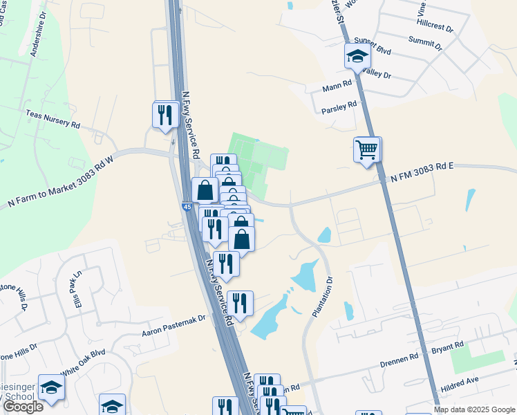 map of restaurants, bars, coffee shops, grocery stores, and more near 2507 North Frazier Street in Conroe