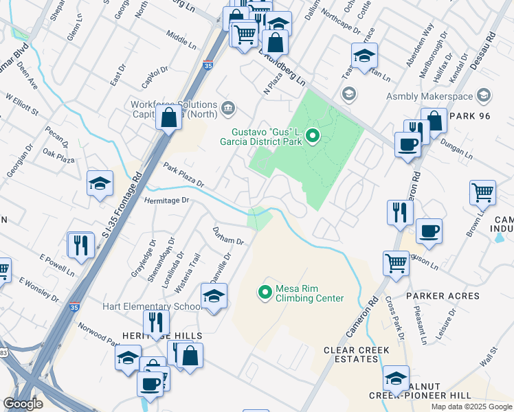 map of restaurants, bars, coffee shops, grocery stores, and more near 1112 Hermitage Drive in Austin