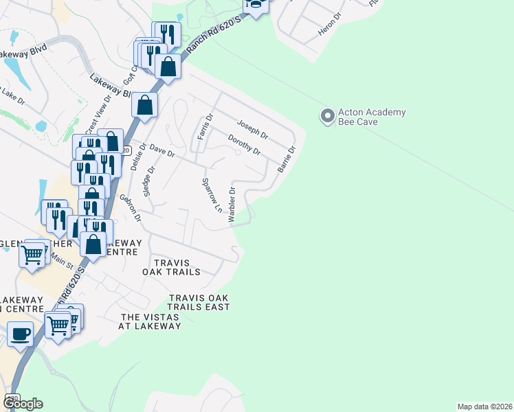 map of restaurants, bars, coffee shops, grocery stores, and more near 1040 Barrie Drive in Austin