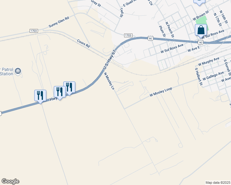 map of restaurants, bars, coffee shops, grocery stores, and more near 101 North Mosley Lane in Alpine