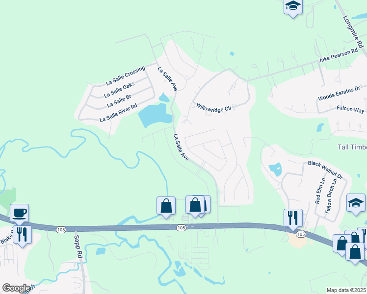 map of restaurants, bars, coffee shops, grocery stores, and more near 375 Westlake Terrace Drive in Conroe