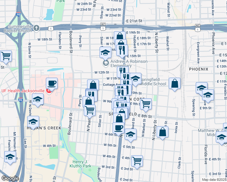 map of restaurants, bars, coffee shops, grocery stores, and more near North Laura Street in Jacksonville