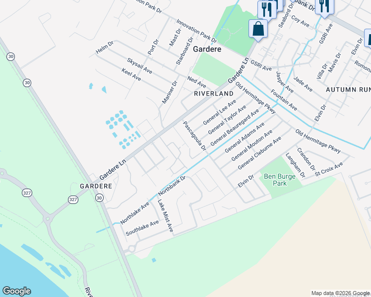 map of restaurants, bars, coffee shops, grocery stores, and more near 8623 Rush Avenue in Baton Rouge