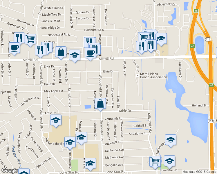map of restaurants, bars, coffee shops, grocery stores, and more near 2615 Kershaw Drive West in Jacksonville