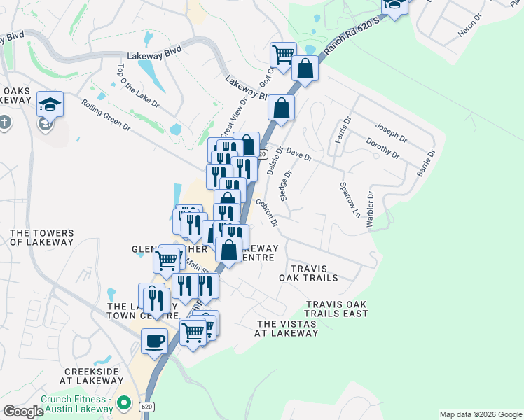 map of restaurants, bars, coffee shops, grocery stores, and more near 15403 Gebron Drive in Lakeway