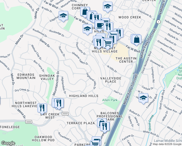 map of restaurants, bars, coffee shops, grocery stores, and more near 6001 Highland Hills Drive in Austin