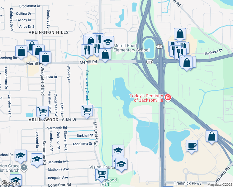map of restaurants, bars, coffee shops, grocery stores, and more near 8300 Merrill Road in Jacksonville