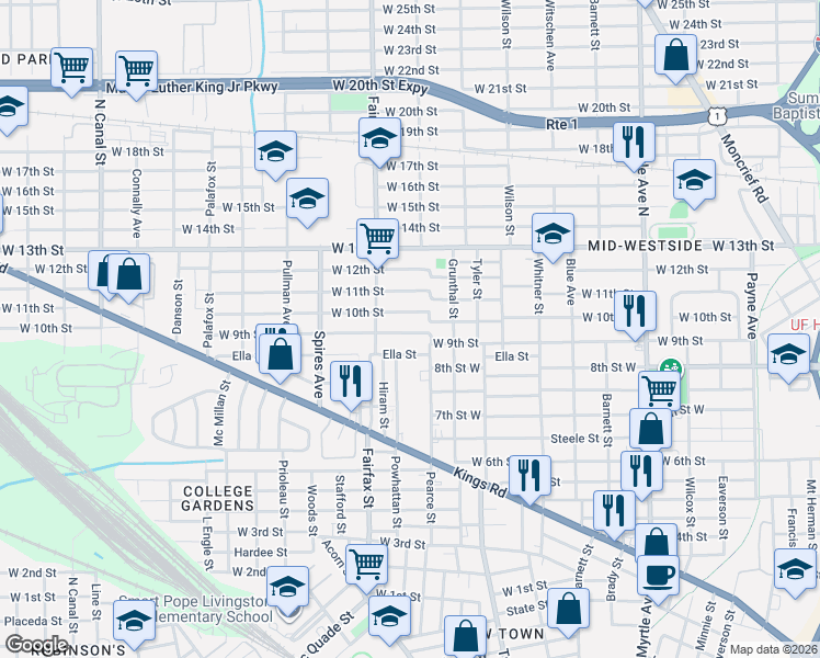 map of restaurants, bars, coffee shops, grocery stores, and more near 1751 Ella Street in Jacksonville