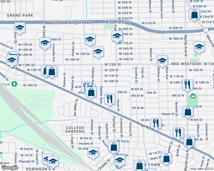 map of restaurants, bars, coffee shops, grocery stores, and more near 1840 West 9th Street in Jacksonville