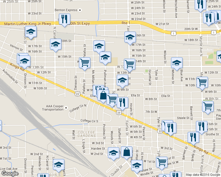 map of restaurants, bars, coffee shops, grocery stores, and more near 1808 Spires Avenue in Jacksonville