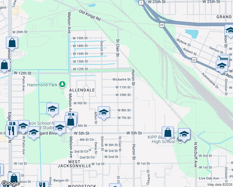 map of restaurants, bars, coffee shops, grocery stores, and more near 2922 West 10th Street in Jacksonville