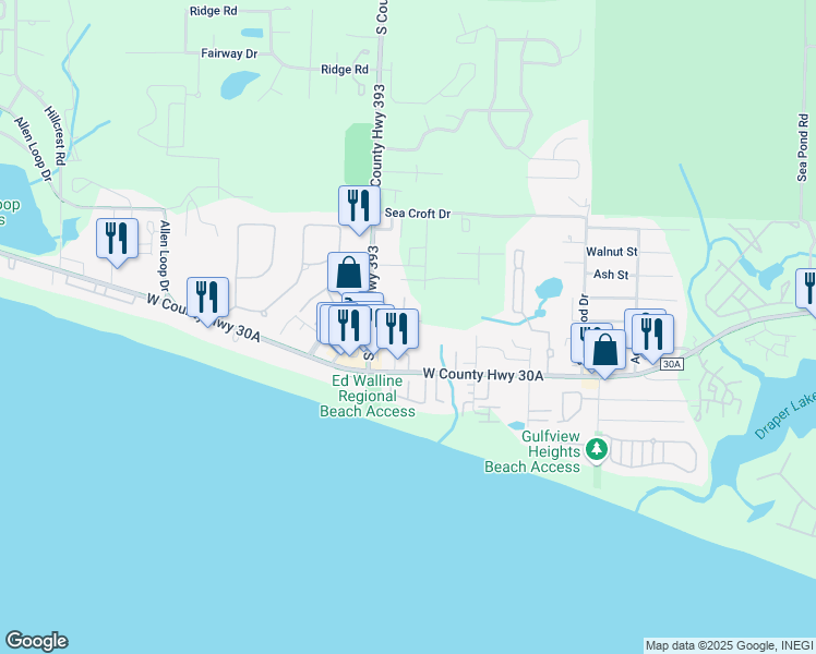 map of restaurants, bars, coffee shops, grocery stores, and more near 44 Leisure Lane in Santa Rosa Beach
