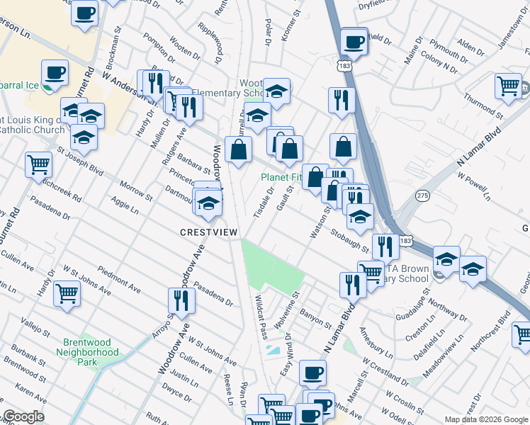 map of restaurants, bars, coffee shops, grocery stores, and more near 7612 Gault Street in Austin