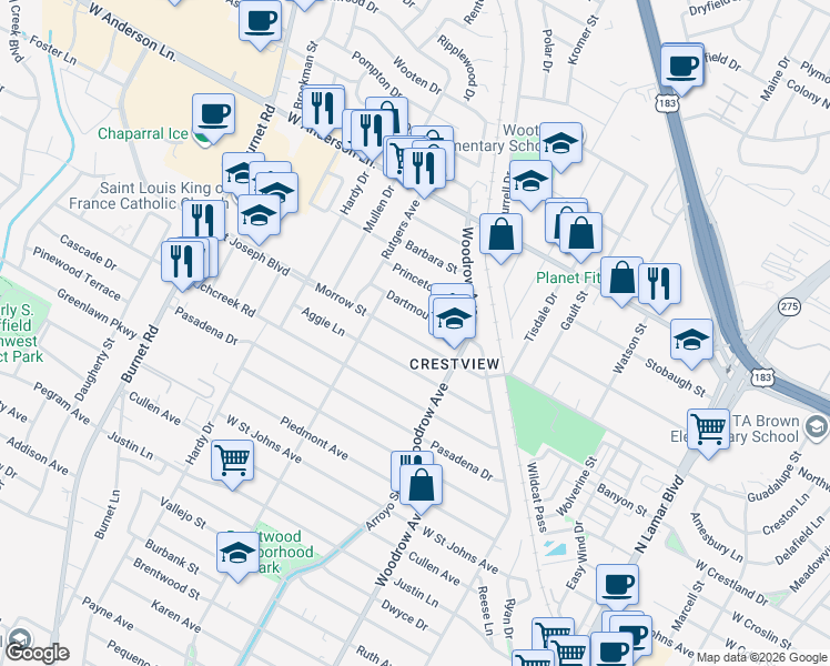 map of restaurants, bars, coffee shops, grocery stores, and more near 1513 Morrow Street in Austin