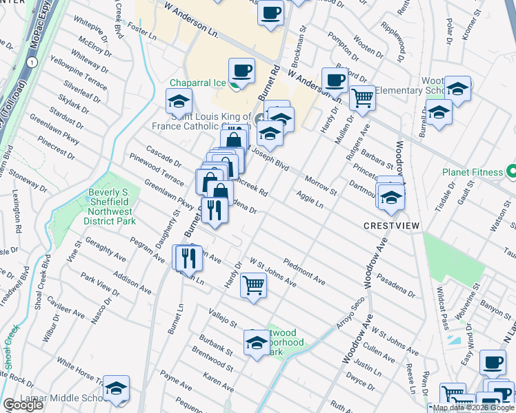 map of restaurants, bars, coffee shops, grocery stores, and more near 2005 Pasadena Drive in Austin