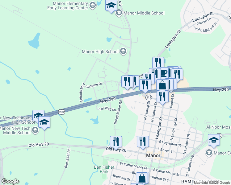 map of restaurants, bars, coffee shops, grocery stores, and more near 12400 Gregg Manor Road in Manor