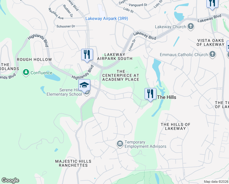 map of restaurants, bars, coffee shops, grocery stores, and more near 5 Club Estates Parkway in The Hills