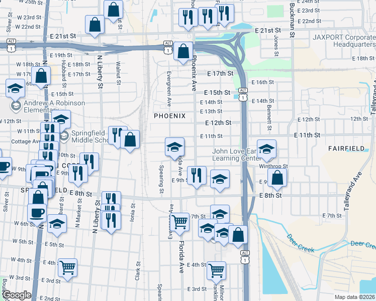 map of restaurants, bars, coffee shops, grocery stores, and more near 1039 East 10th Street in Jacksonville