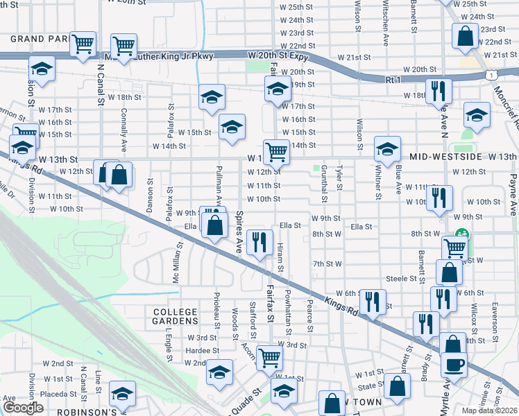 map of restaurants, bars, coffee shops, grocery stores, and more near 1840 West 9th Street in Jacksonville