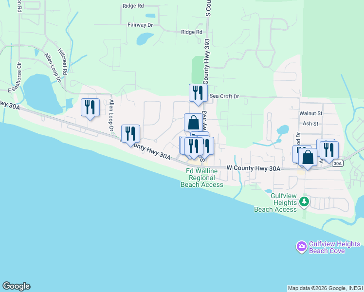 map of restaurants, bars, coffee shops, grocery stores, and more near 118 Spires Lane in Santa Rosa Beach