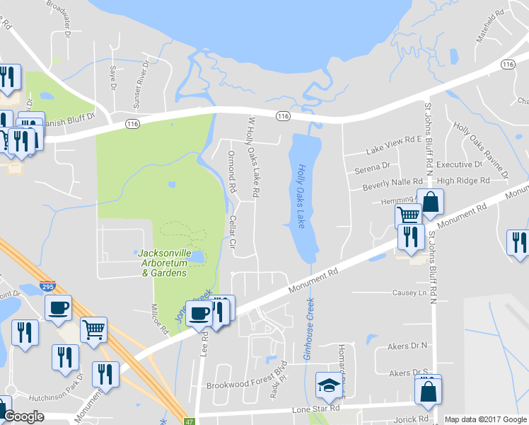 map of restaurants, bars, coffee shops, grocery stores, and more near 1617 West Holly Oaks Lake Road in Jacksonville