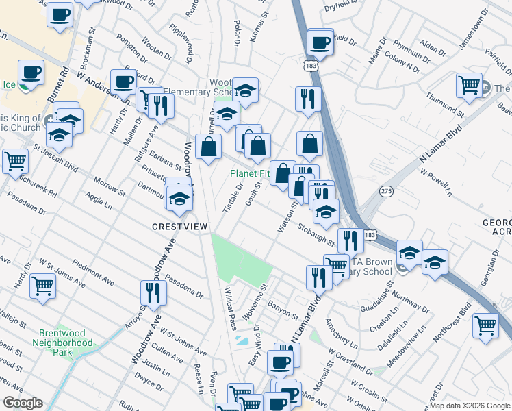 map of restaurants, bars, coffee shops, grocery stores, and more near 1210 Stobaugh Street in Austin