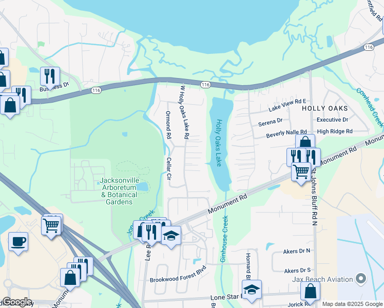 map of restaurants, bars, coffee shops, grocery stores, and more near 1617 West Holly Oaks Lake Road in Jacksonville