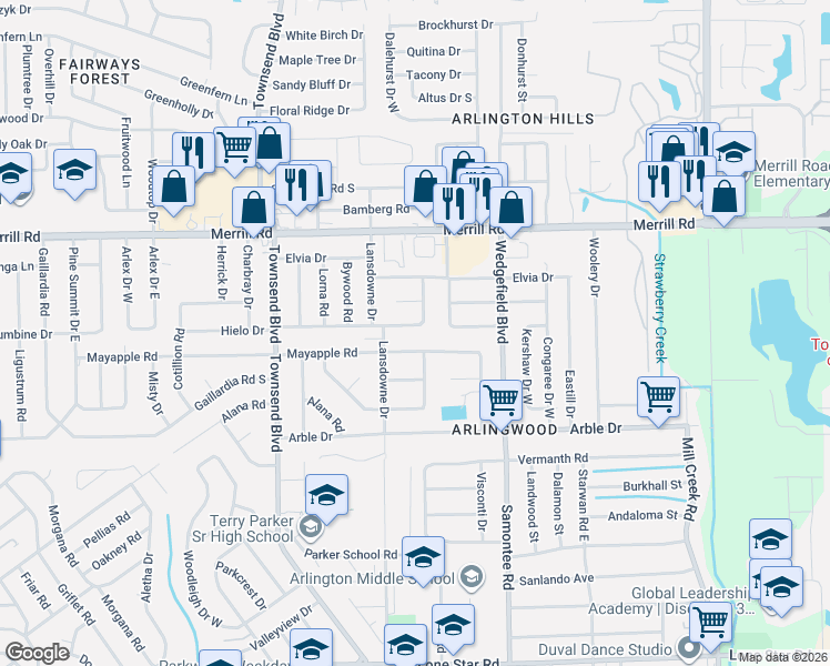 map of restaurants, bars, coffee shops, grocery stores, and more near 2561 Burlingame Drive East in Jacksonville