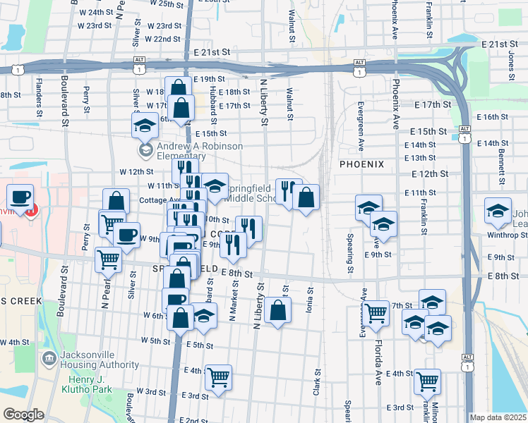 map of restaurants, bars, coffee shops, grocery stores, and more near 260 East 10th Street in Jacksonville