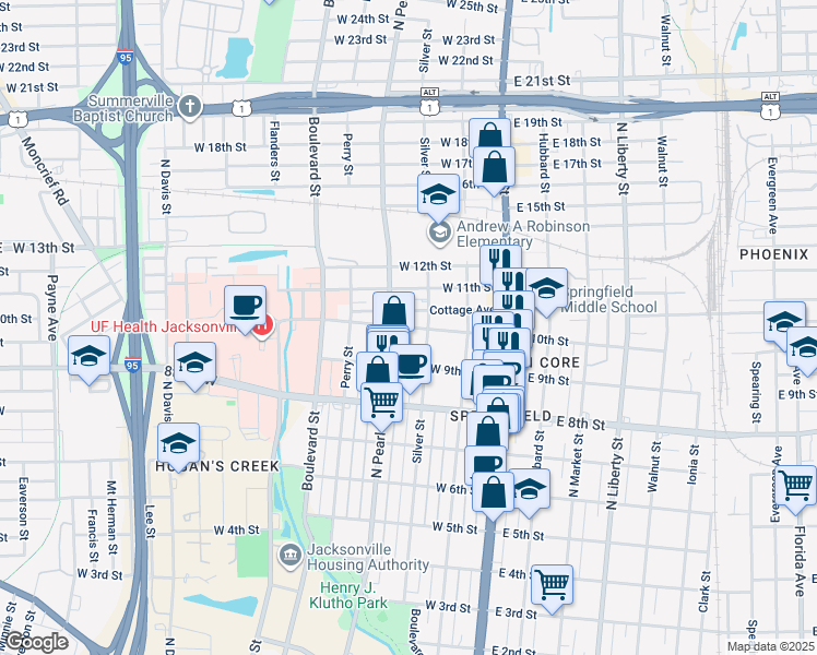 map of restaurants, bars, coffee shops, grocery stores, and more near 1926 Silver Street in Jacksonville