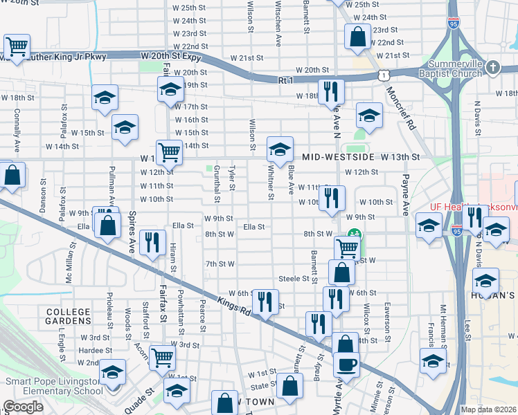 map of restaurants, bars, coffee shops, grocery stores, and more near 1544 West 9th Street in Jacksonville