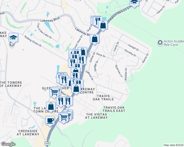 map of restaurants, bars, coffee shops, grocery stores, and more near 15310 Gebron Drive in Austin