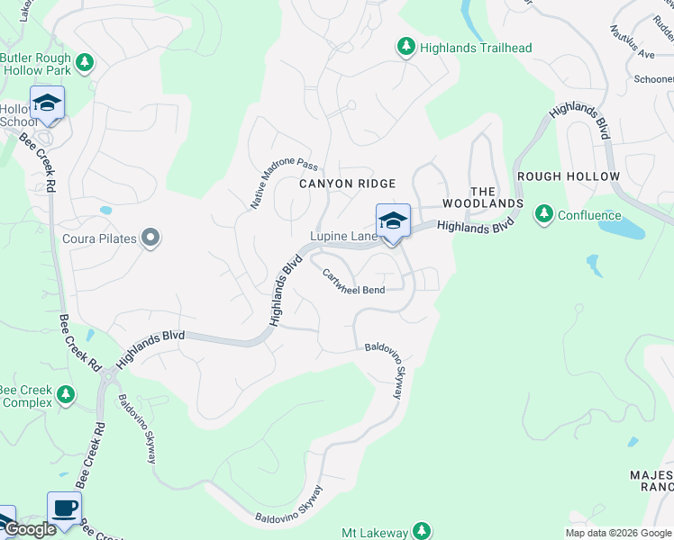 map of restaurants, bars, coffee shops, grocery stores, and more near 129 Cartwheel Bend in Spicewood