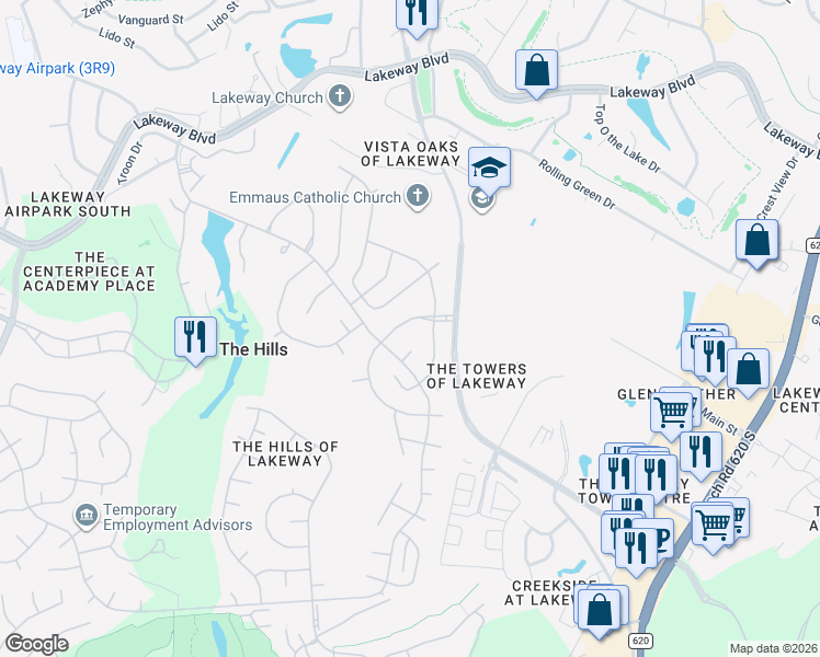 map of restaurants, bars, coffee shops, grocery stores, and more near 6 Bellwood Cove in The Hills