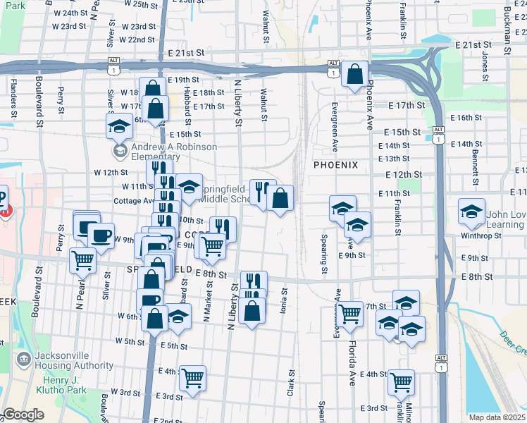 map of restaurants, bars, coffee shops, grocery stores, and more near 2034 Walnut Street in Jacksonville
