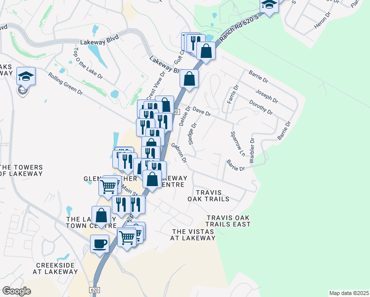 map of restaurants, bars, coffee shops, grocery stores, and more near 15310 Gebron Drive in Austin