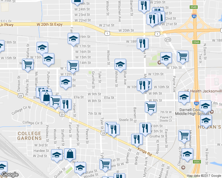 map of restaurants, bars, coffee shops, grocery stores, and more near 1544 West 9th Street in Jacksonville