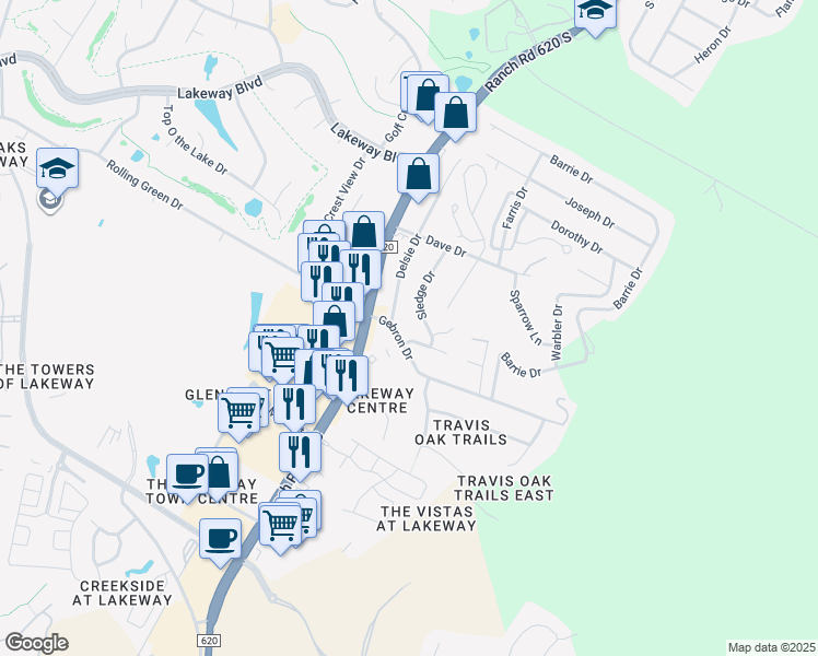 map of restaurants, bars, coffee shops, grocery stores, and more near 15310 Gebron Drive in Austin