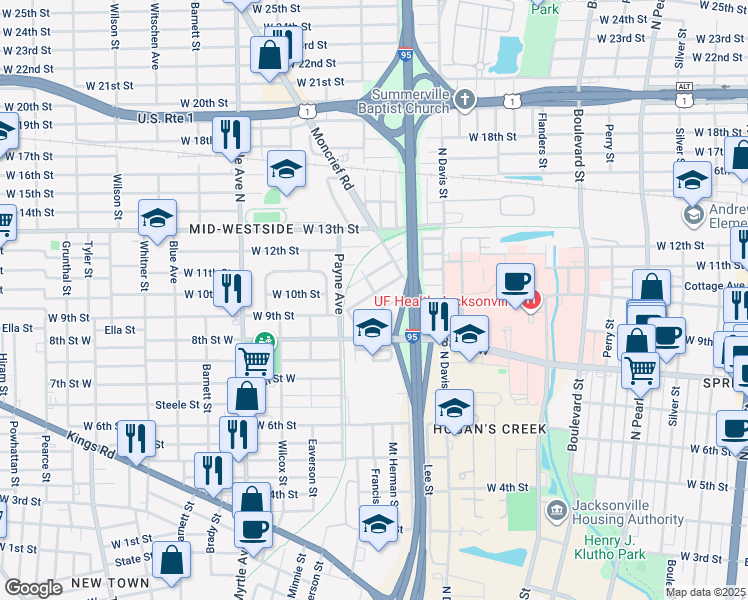 map of restaurants, bars, coffee shops, grocery stores, and more near 2018 Mount Herman Street in Jacksonville