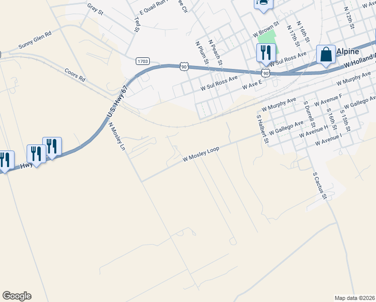 map of restaurants, bars, coffee shops, grocery stores, and more near 2117-2199 West Mosley Loop in Alpine