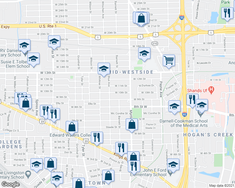 map of restaurants, bars, coffee shops, grocery stores, and more near 1424 West 11th Street in Jacksonville