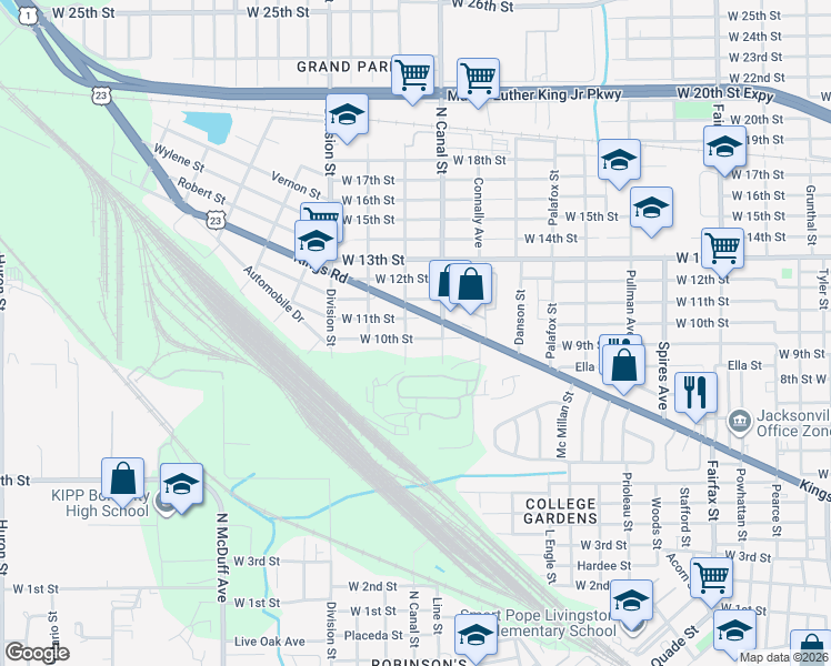 map of restaurants, bars, coffee shops, grocery stores, and more near 2216 Kings Road in Jacksonville