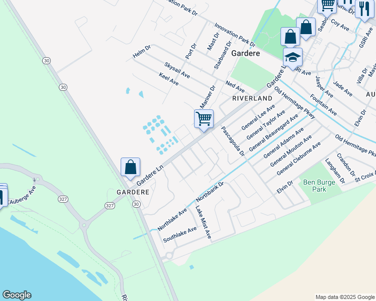 map of restaurants, bars, coffee shops, grocery stores, and more near 2850 Gardere Lane in Baton Rouge