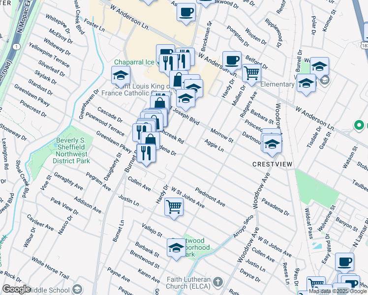 map of restaurants, bars, coffee shops, grocery stores, and more near 7505 Saint Phillip Street in Austin